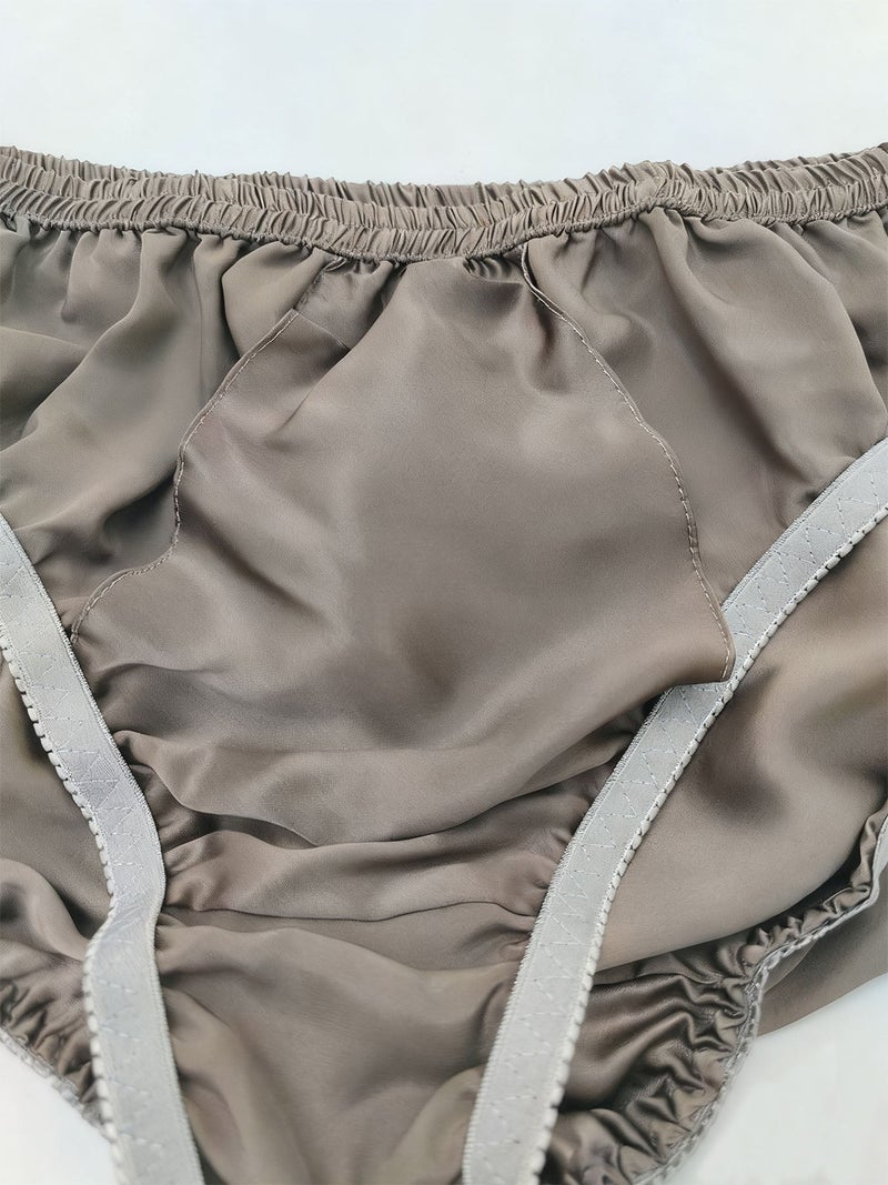 Men 100% Mulberry Silk Plain Crepe Satin Briefs- dark gray,natural silk underwear with double layered pure silk fabric crotch - Image 3